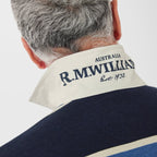 A close up, back view of a man wearing a blue, navy and white striped R.M.Williams Men's Tweedale Rugby (KR200JSFW01) on a white background.