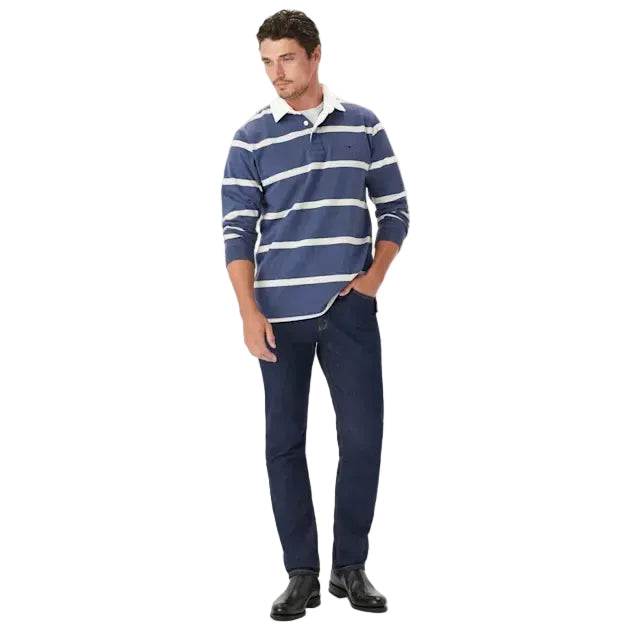 Man wearing a blue and grey marle R.M.Williams Men's Tweedale Rugby (KR200RJ07) and dark jeans on a white background.