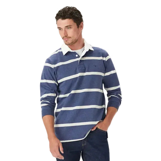 Man wearing a blue and grey marle R.M.Williams Men's Tweedale Rugby (KR200RJ07) on a white background.