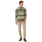 A man wearing an olive and green striped R.M.Williams Men's Tweedale Rugby (KR200RJ07) on a white background.