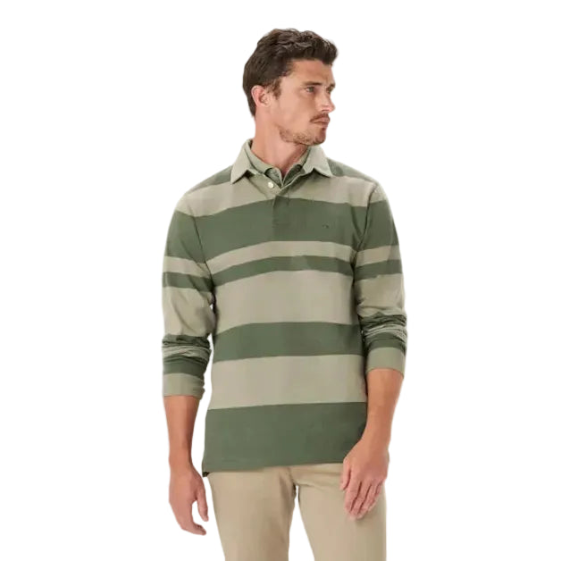 A man wearing an olive and green striped R.M.Williams Men's Tweedale Rugby (KR200RJ07) on a white background.