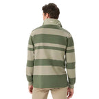 A man viewed from behind wearing an olive and green striped R.M.Williams Men's Tweedale Rugby (KR200RJ07) on a white background.