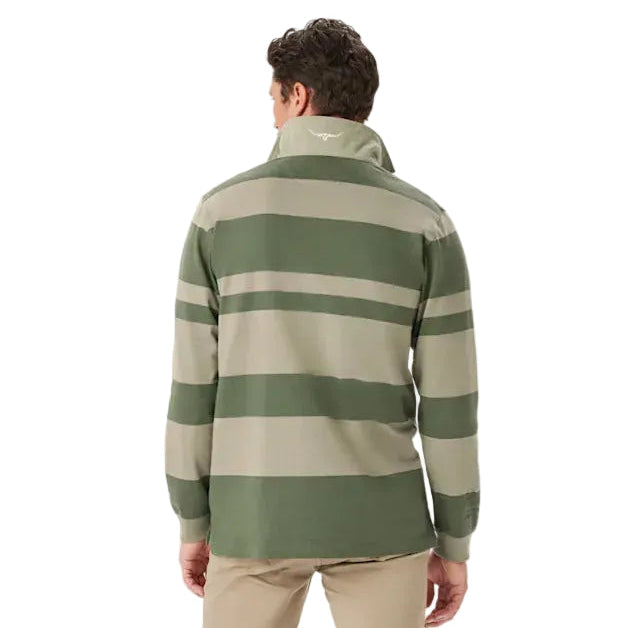 A man viewed from behind wearing an olive and green striped R.M.Williams Men's Tweedale Rugby (KR200RJ07) on a white background.