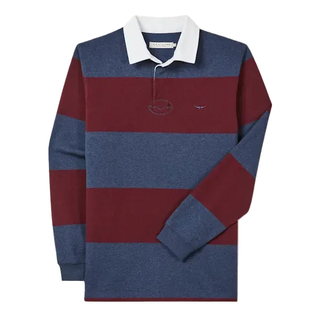 Long-sleeve R.M.Williams Men's Tweedale Rugby (KR200RJ07) with red and blue stripes on a white background.