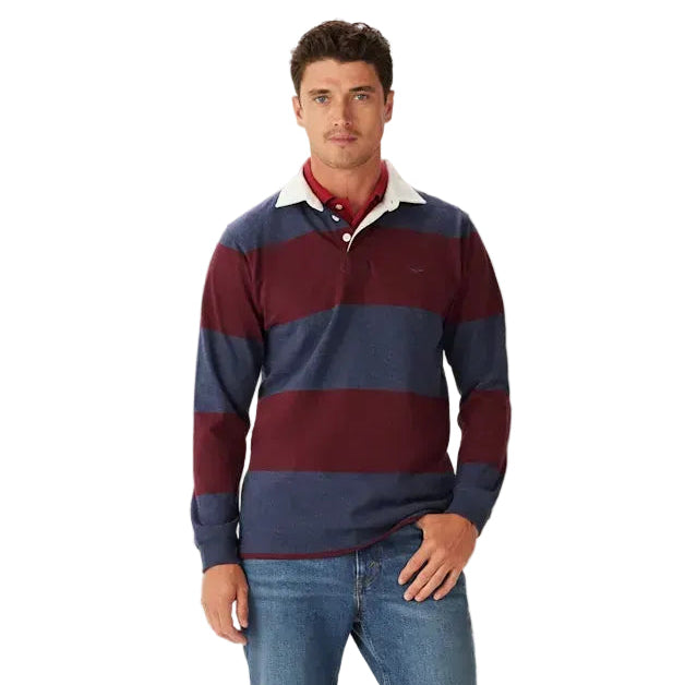 A man wearing a long-sleeve R.M.Williams Men's Tweedale Rugby (KR200RJ07) with red and blue stripes on a white background.