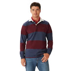 A man wearing a long-sleeve R.M.Williams Men's Tweedale Rugby (KR200RJ07) with red and blue stripes on a white background.