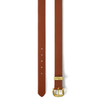 Flat lay of the buckle and strap of a tan chocolate raisin R.M.Williams Women's Allora Belt (BSD5ADA03) with a gold buckle on a white background.
