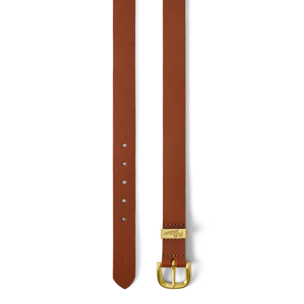 Flat lay of the buckle and strap of a tan chocolate raisin R.M.Williams Women's Allora Belt (BSD5ADA03) with a gold buckle on a white background.