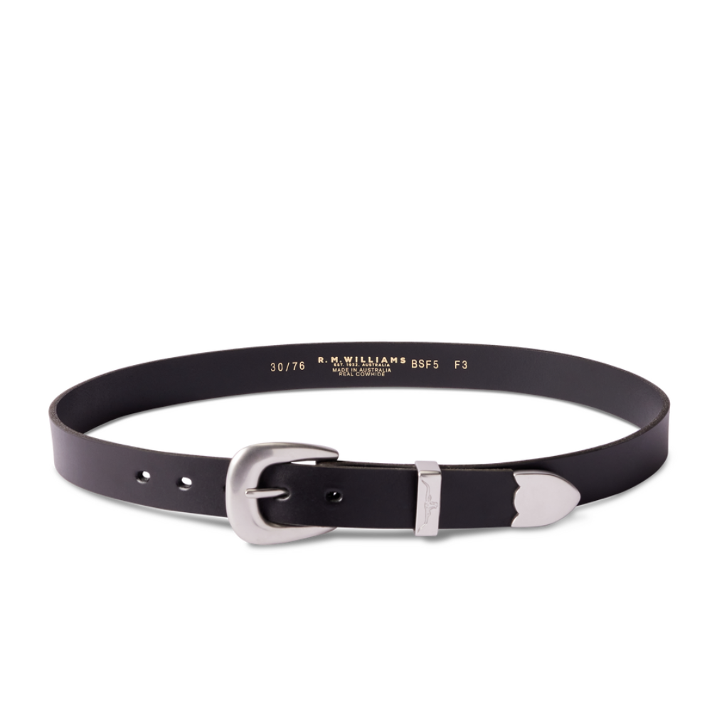 A black R.M.Williams Women's Cate Stitched Belt (BSC5FLE01) with a silver buckle on a white background.