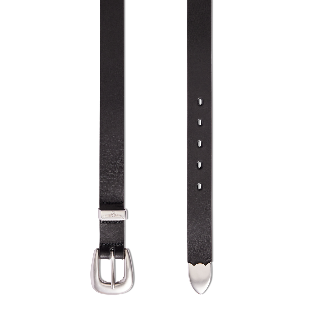 A flat lay of the buckle and strap of a black R.M.Williams Women's Cate Stitched Belt (BSC5FLE01) on a white background.