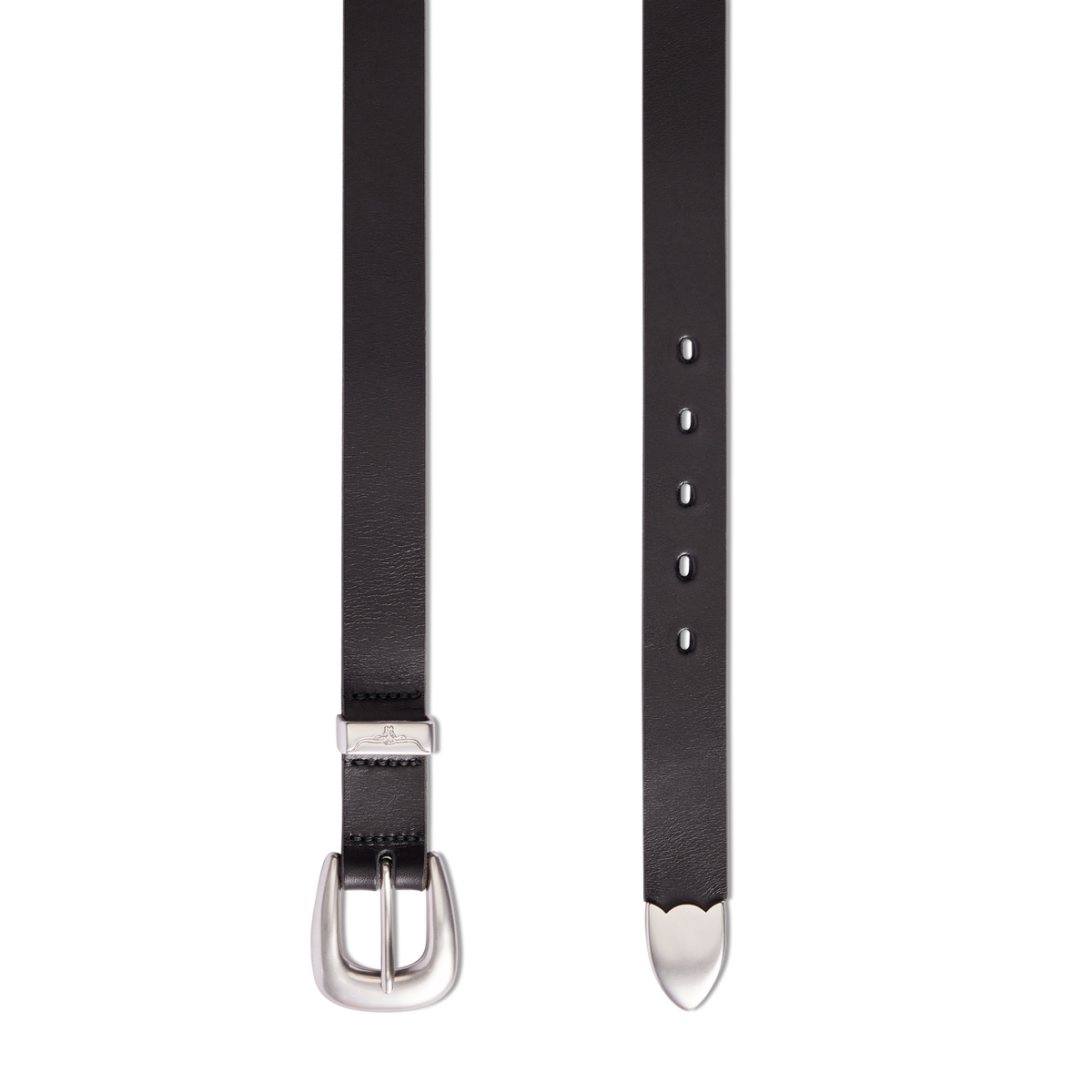 A flat lay of the buckle and strap of a black R.M.Williams Women's Cate Stitched Belt (BSC5FLE01) on a white background.