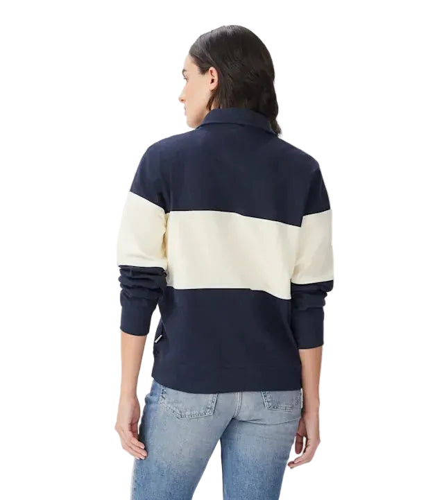 A woman viewed from the back modelling a navy and ivory R.M.Williams Women's Trickett Panel 1/4 Zip Jumper (KZ800RJ01) on a white background.