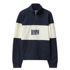 Navy and ivory R.M.Williams Women's Trickett Panel 1/4 Zip Jumper (KZ800RJ01) with an RMW's logo on a white background.