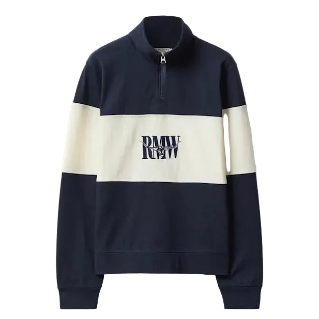 Navy and ivory R.M.Williams Women's Trickett Panel 1/4 Zip Jumper (KZ800RJ01) with an RMW's logo on a white background.