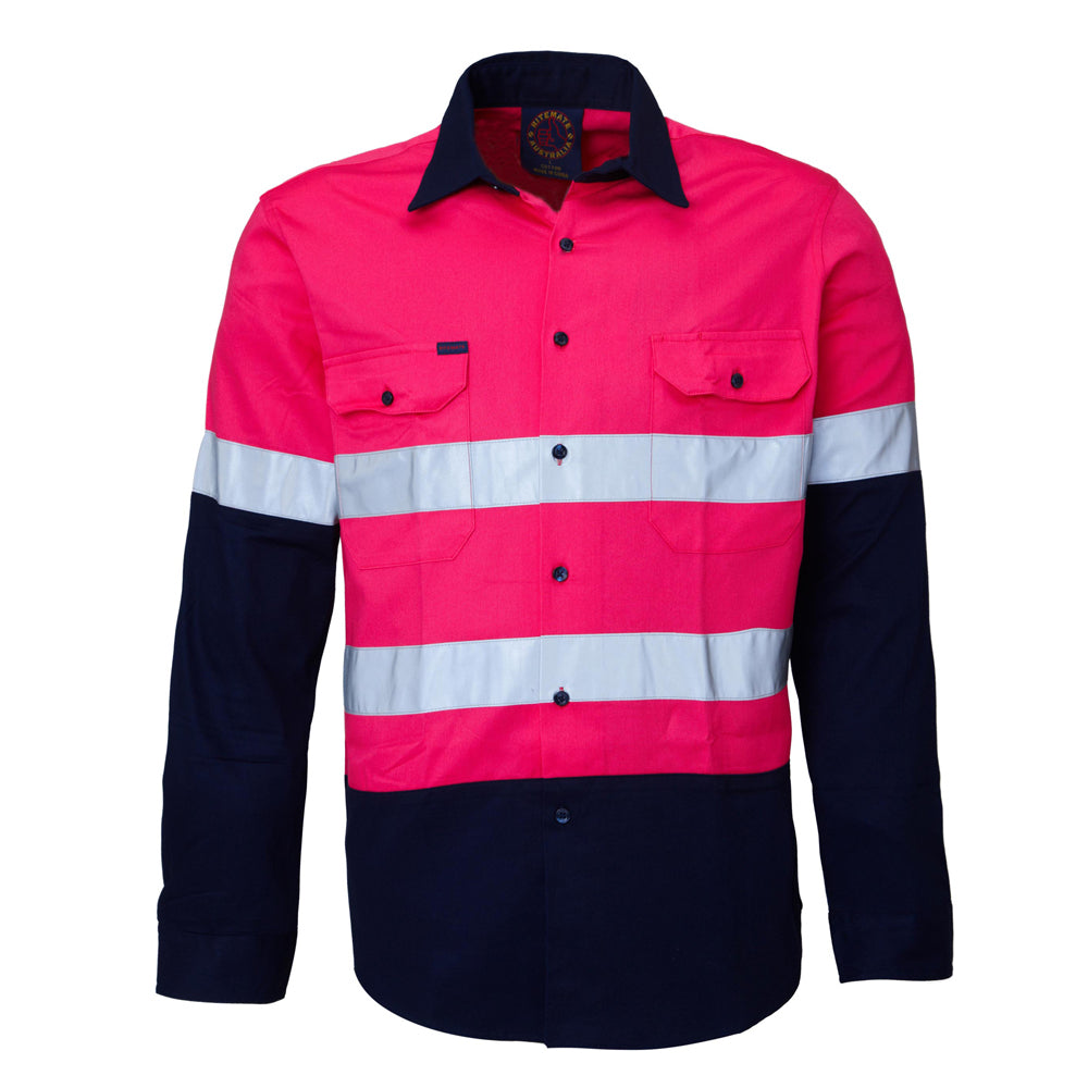 Ritemate Adults Hi Vis Open Front Shirt with Tape (RM1050R) Pink/Navy XXS