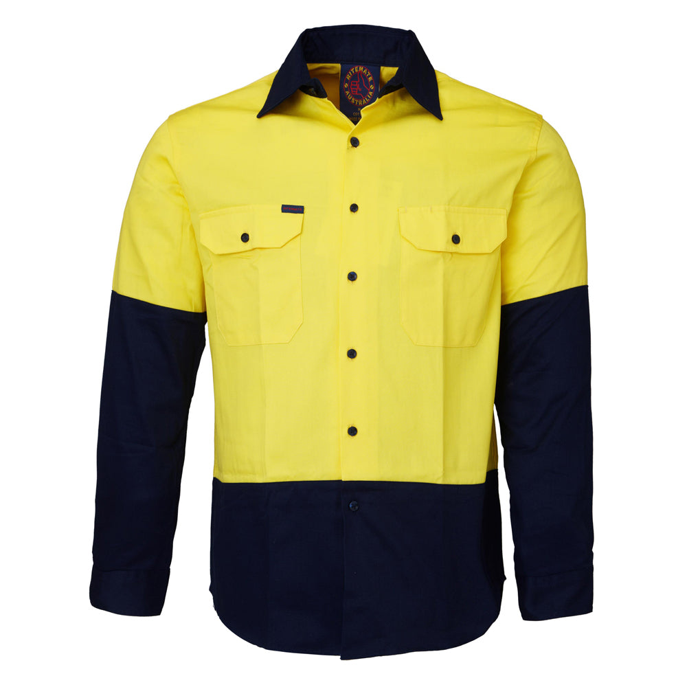 Ritemate Adults Hi Vis Open Front L/S Shirt (RM1050) Yellow/Navy 2XL
