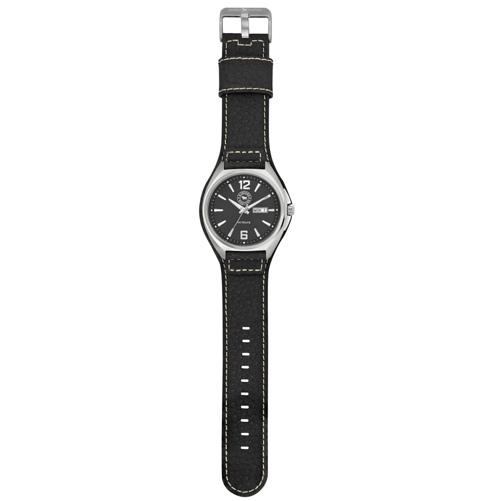 Ringers Western Mens Leather Band Watch (RW-WW01SBK) Silver/Black [GD]