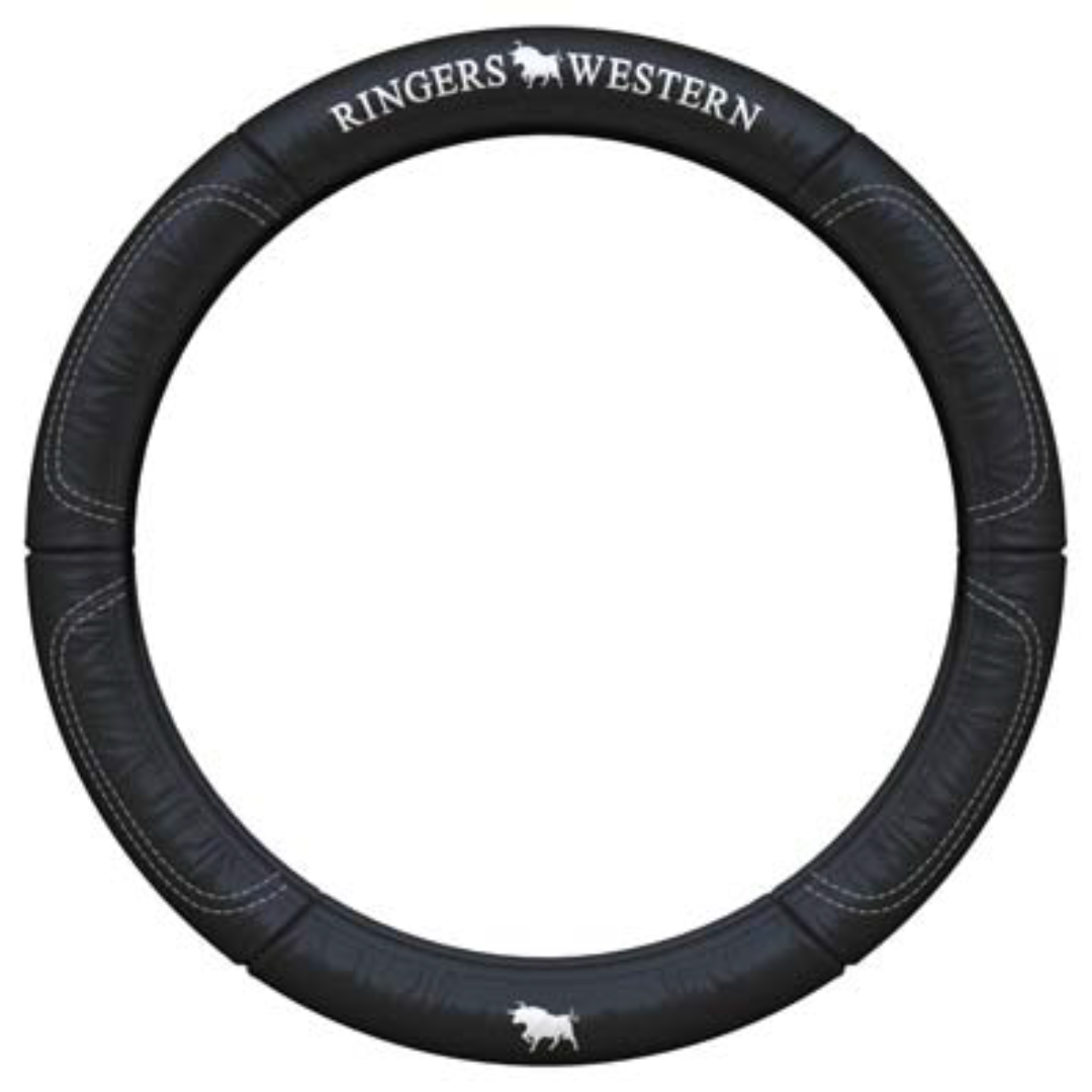 Ringers Western Genuine Leather Steering Wheel Cover 38cm 15" (SWRW-BLKBUL) Black/White