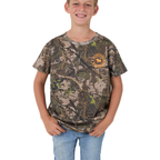 A boy wearing a Ringers Western Boys Youth Find Me Camo S/S Tee (925008RW) Camo/Orange with blue denim jeans.