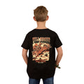A boy faces away in the Ringers Western Childrens Full Bronc Classic Fit S/S Tee (325011RW) Black, featuring a cowboy on a bucking horse with “FULLBRONE” above and “DINGO’S WESTERN Since 2012” below—a country kids clothing staple.