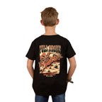 A boy faces away in the Ringers Western Childrens Full Bronc Classic Fit S/S Tee (325011RW) Black, featuring a cowboy on a bucking horse with “FULLBRONE” above and “DINGO’S WESTERN Since 2012” below—a country kids clothing staple.