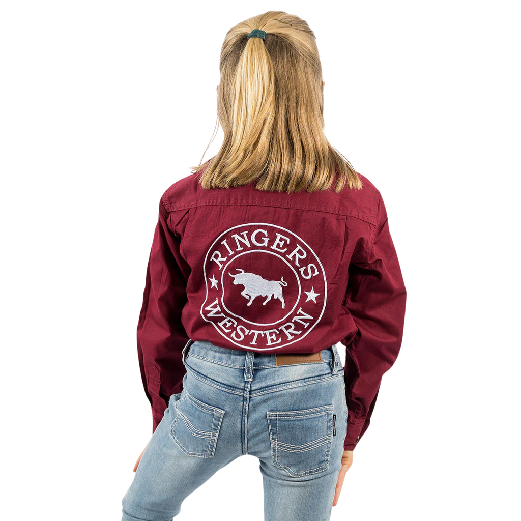Ringers Western Childrens Jackaroo Full Button L/S  Work Shirt  (321012RW) Burgundy/White Embroidery