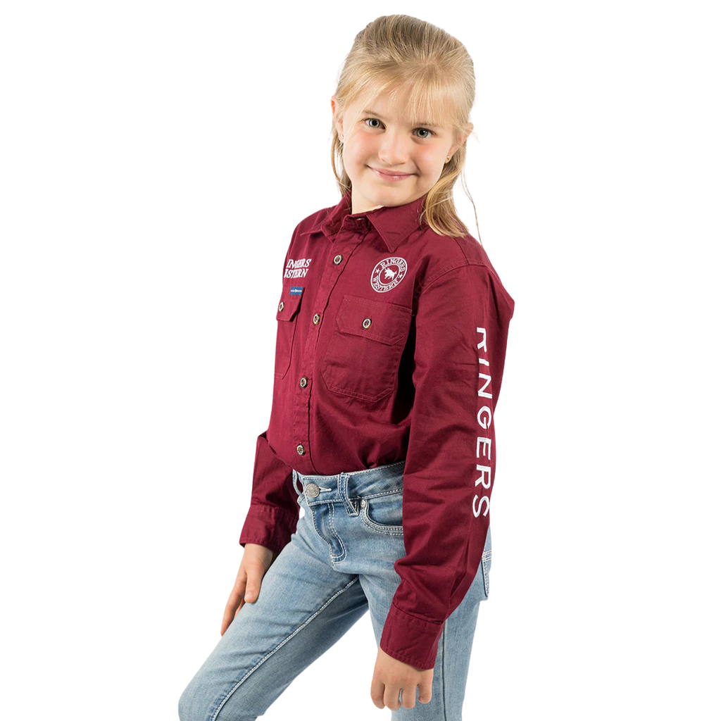 Ringers Western Childrens Jackaroo Full Button L/S  Work Shirt  (321012RW) Burgundy/White Embroidery
