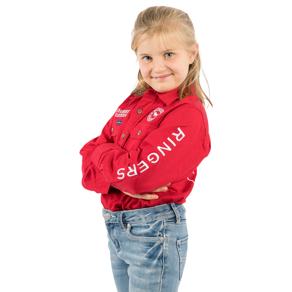 Ringers Western Childrens Jackaroo Full Button L/S  Work Shirt  (321012RW) DarkRed/White Embroidery
