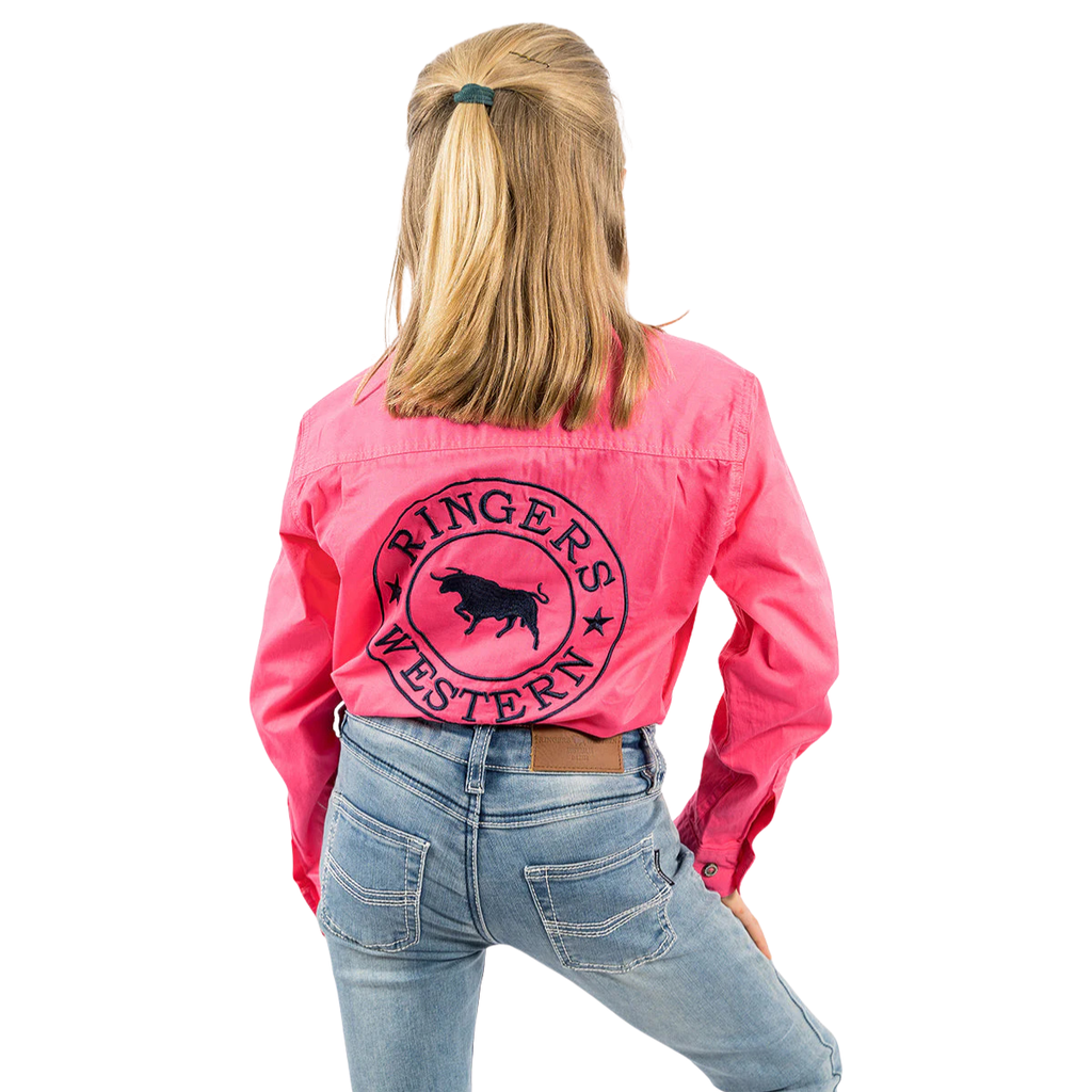 Ringers Western Childrens Jackaroo Full Button L/S  Work Shirt  (321012RW) Melon/Navy Embroidery