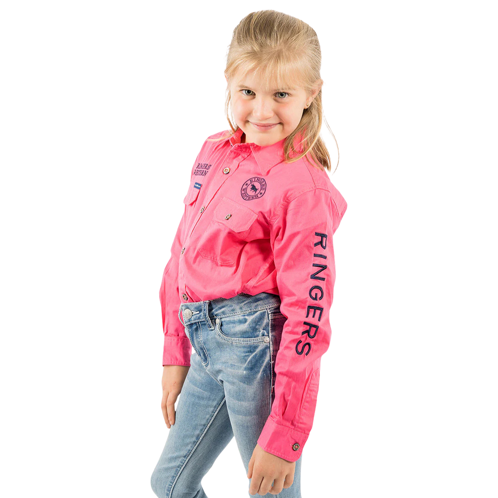 Ringers Western Childrens Jackaroo Full Button L/S  Work Shirt  (321012RW) Melon/Navy Embroidery