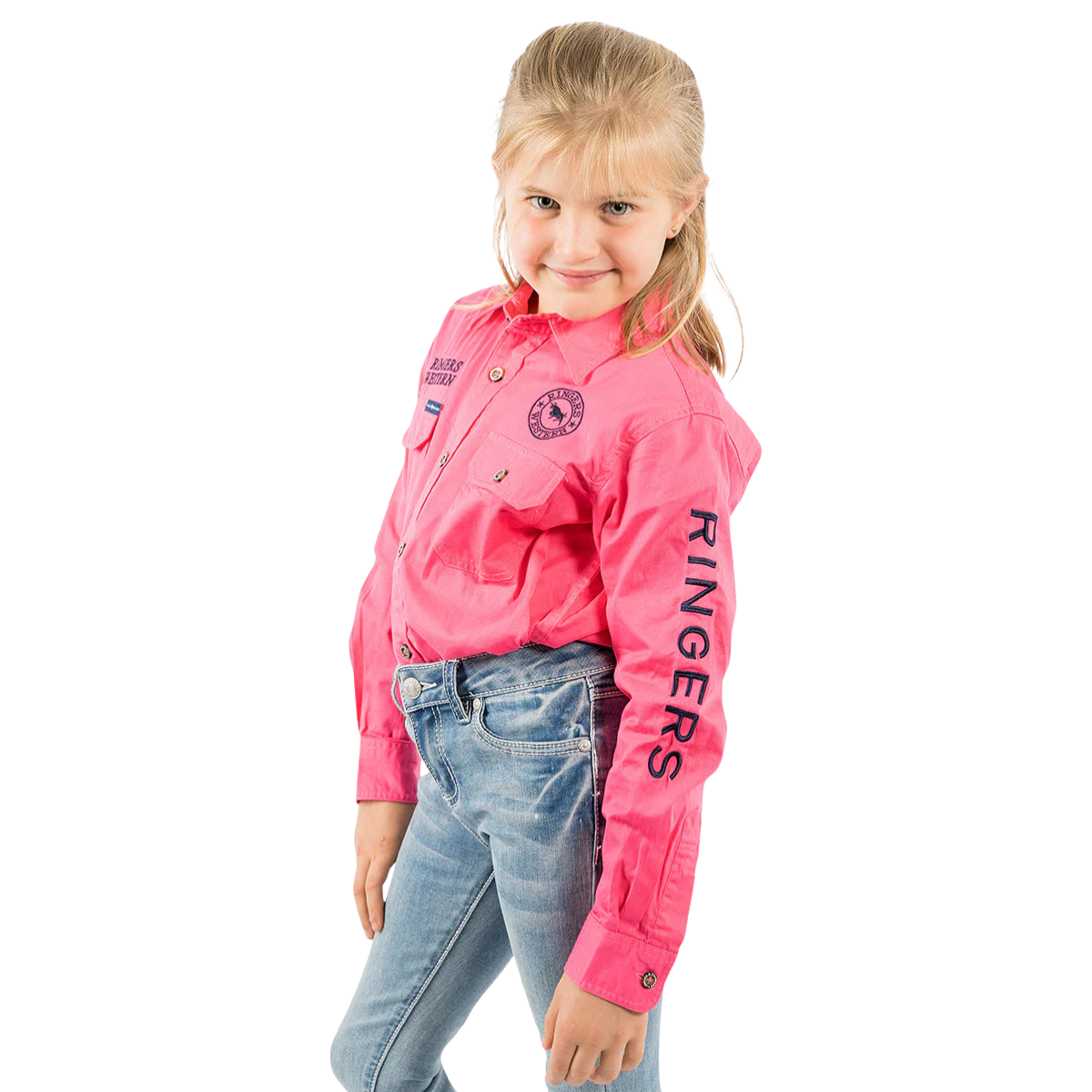 Ringers Western Childrens Jackaroo Full Button L/S  Work Shirt  (321012RW) Melon/Navy Embroidery