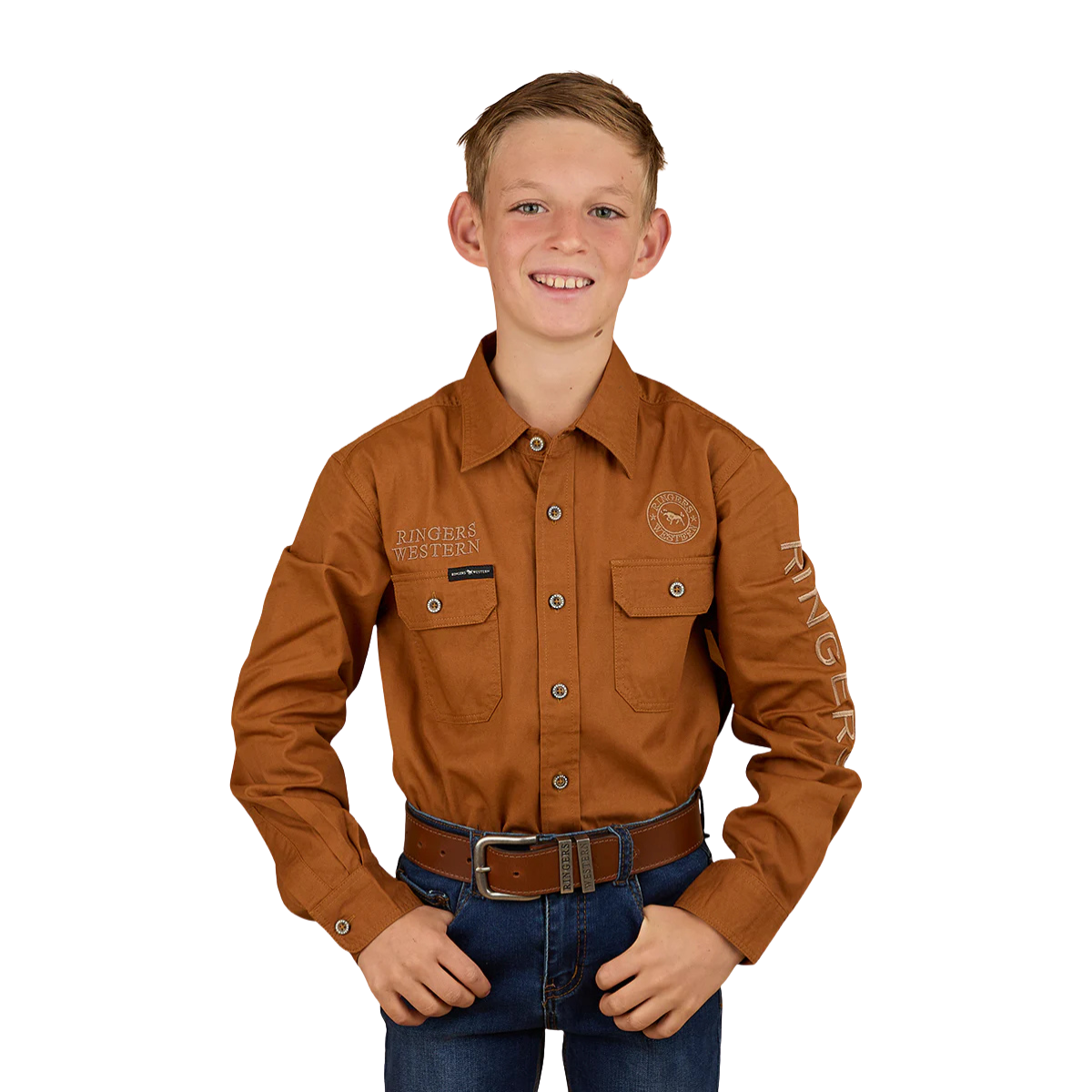 Ringers Western Childrens Jackaroo Full Button Printed L/S Work Shirt (325029RW) Tobacco