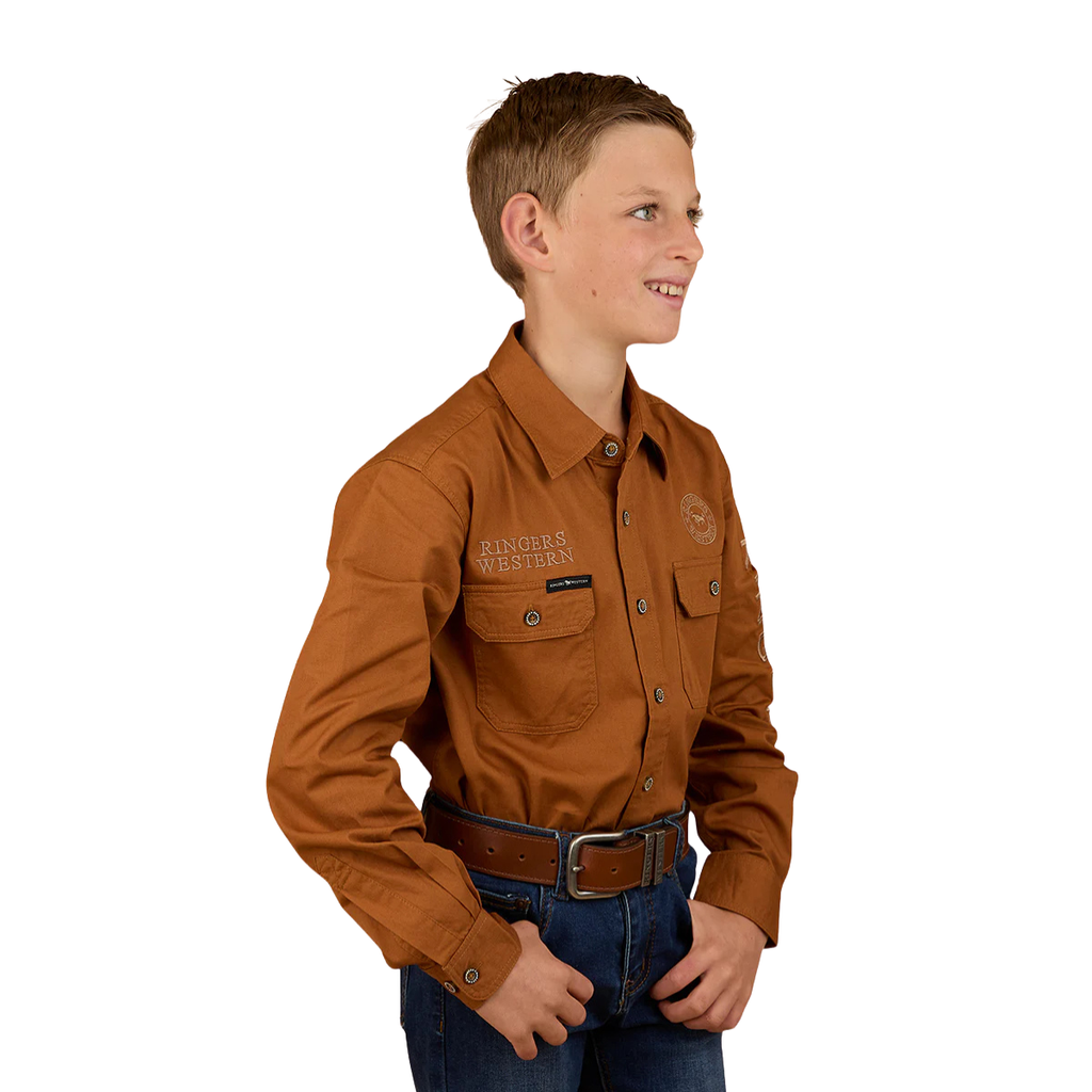 Ringers Western Childrens Jackaroo Full Button Printed L/S Work Shirt (325029RW) Tobacco