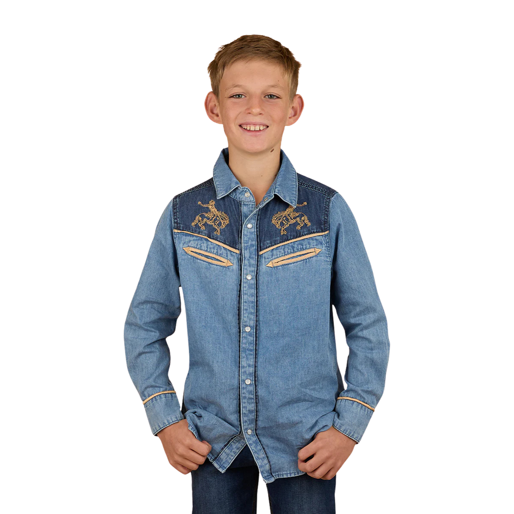 Ringers Western Childrens Jaxon L/S Western Shirt (325030RW) Light Wash Blue