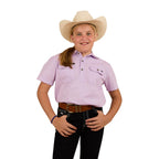 A smiling child wears the Ringers Western Childrens Ord Half Button S/S Work Shirt in lavender, a white cowboy hat, brown belt, and black pants, posing with one hand on their hip against a white background.