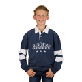 A boy wears the Ringers Western Childrens Ringers Mascot Rugby (325028RW) in White/Navy, featuring the brand logo and three stars on the front, standing against a plain white background.