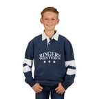A boy wears the Ringers Western Childrens Ringers Mascot Rugby (325028RW) in White/Navy, featuring the brand logo and three stars on the front, standing against a plain white background.