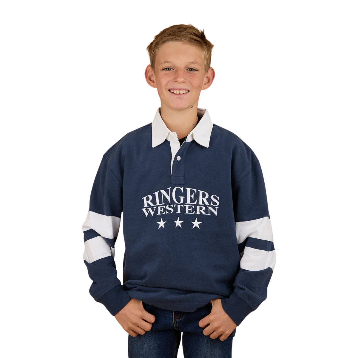 A boy wears the Ringers Western Childrens Ringers Mascot Rugby (325028RW) in White/Navy, featuring the brand logo and three stars on the front, standing against a plain white background.