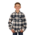 A smiling boy wears the Ringers Western Childrens Rory L/S Flannel Shirt (325026RW) in Navy/Tobacco with front pockets and western styling, standing with hands in pockets against a white background.