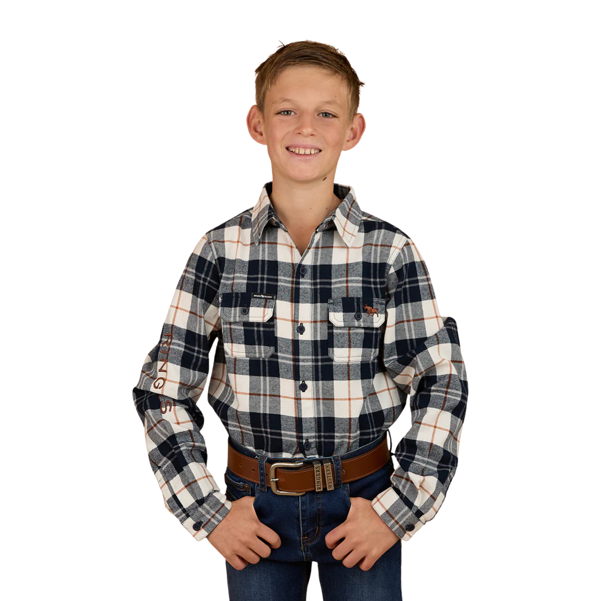 Ringers Western Childrens Rory L/S Flannel Shirt (325026RW) Navy/Tobacco