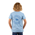 A child with medium-length blond hair, seen from the back, wears the Ringers Western Childrens Signature Bull Classic S/S Tee (320004RW) in dusk/navy, featuring a circular Signature Bull logo with stars on the back.