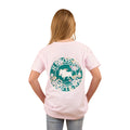 A girl with long blonde hair wears the Ringers Western Childrens Signature Bull Kids Classic S/S Tee in Barely Pink/Floral, featuring a large green and white bull graphic with western designs on the back. She is facing away from the camera.