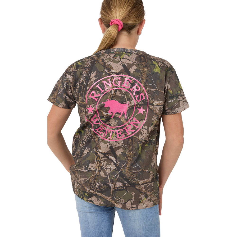 Ringers Western Girls Youth Find Me Camo S/S Tee (425112RW) Camo/Pink Back