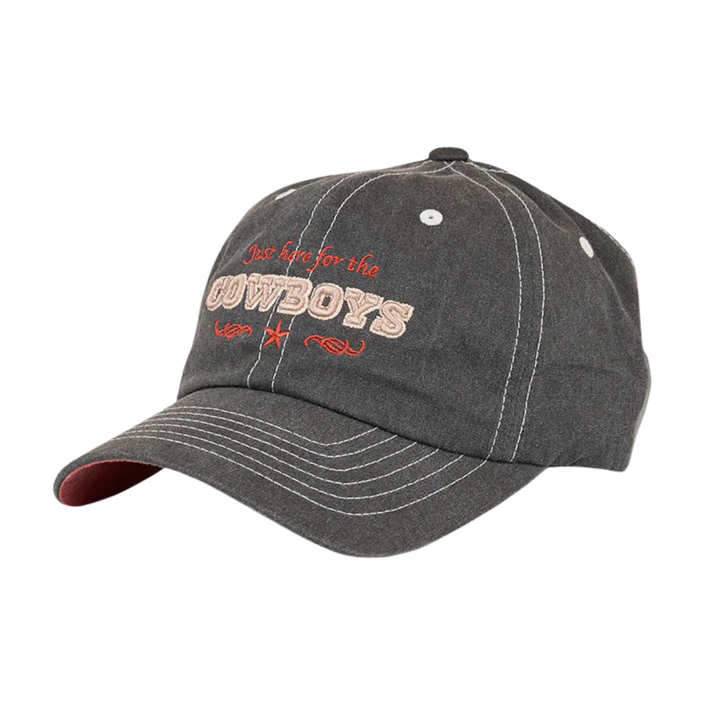 The Ringers Western Here For Cowboys Baseball Cap (425052RW) in charcoal features white stitching, embroidered "Just here for the COWBOYS" text in red and tan, a small star, and decorative scroll designs.