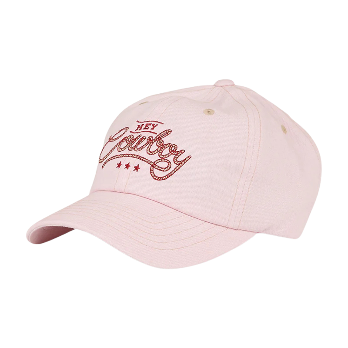The Ringers Western Hey Cowboy Baseball Cap (425053RW) in light pink features red rope-style "Hey Cowboy" embroidery and three red stars—country charm from Ringers Western.