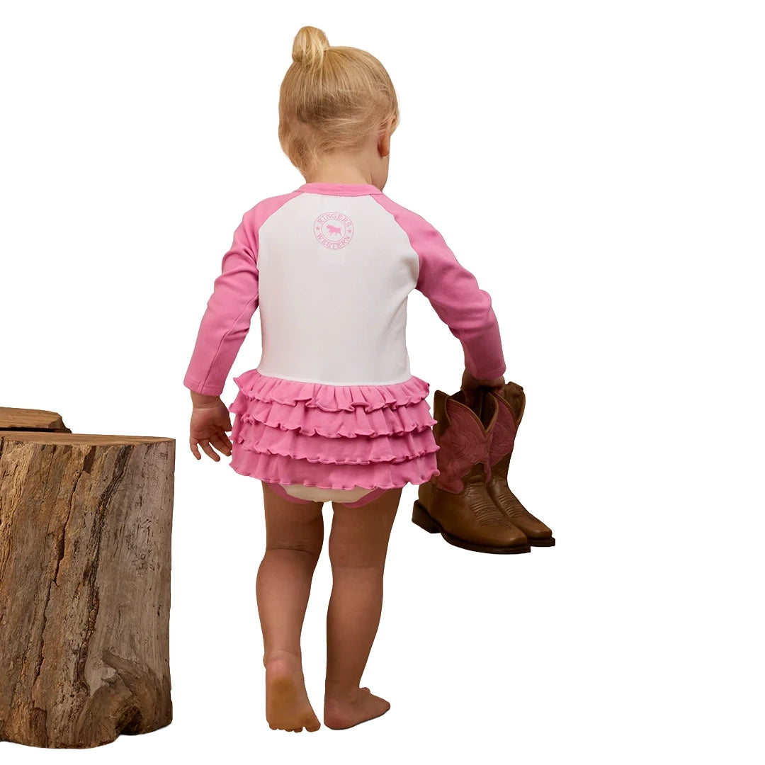 Ringers Western Infants Rodeo Gal L/S Frill Romper (525006RW) White/Pink