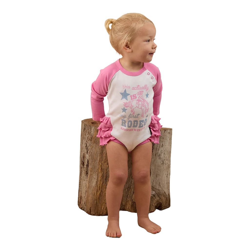 Ringers Western Infants Rodeo Gal L/S Frill Romper (525006RW) White/Pink