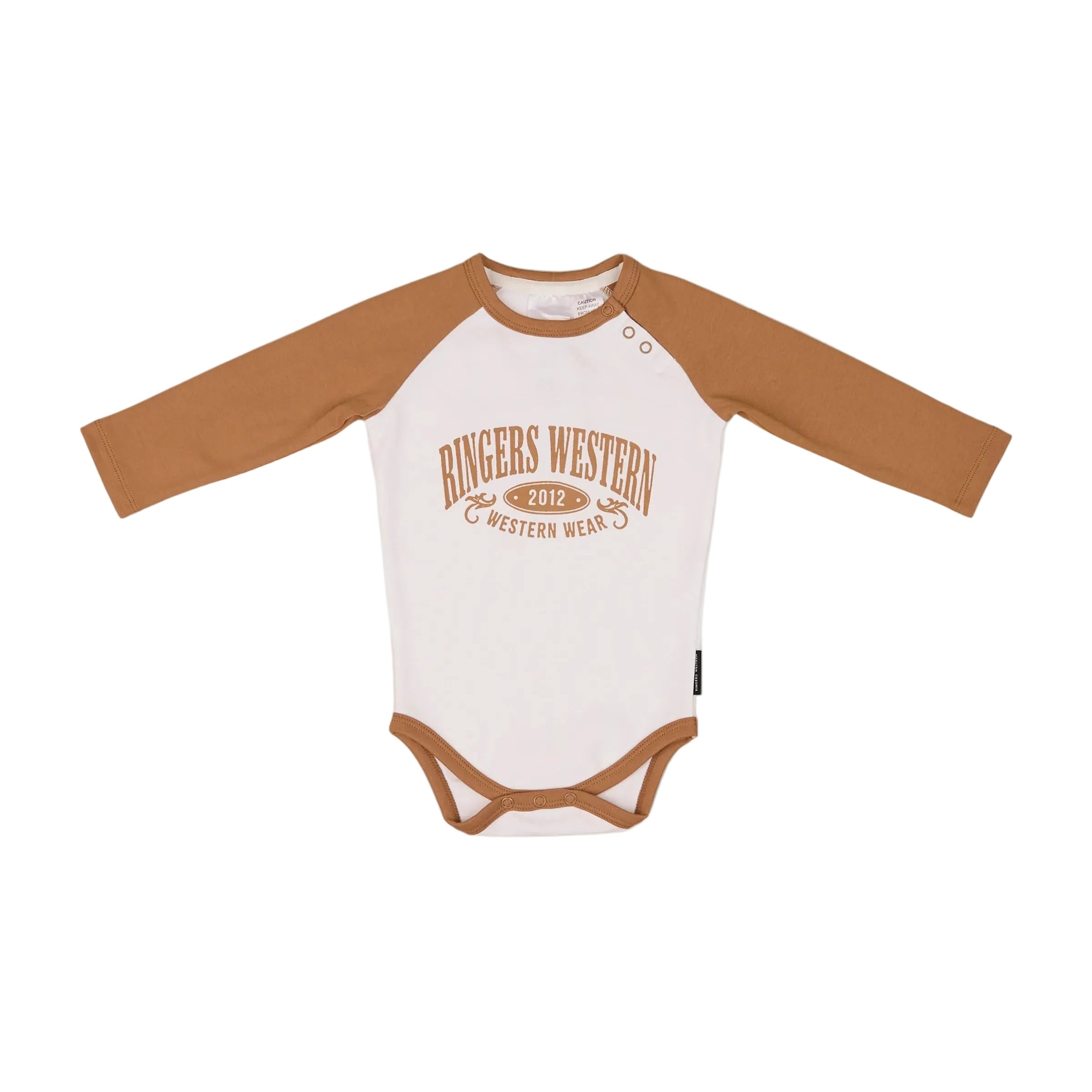 The Ringers Western Infants Western Bub L/S Romper (525010RW) in White/Clay features brown sleeves and trim, a "RINGERS WESTERN 2012 WESTERN WEAR" print, and is made from 100% cotton—ideal for little fans of western style.