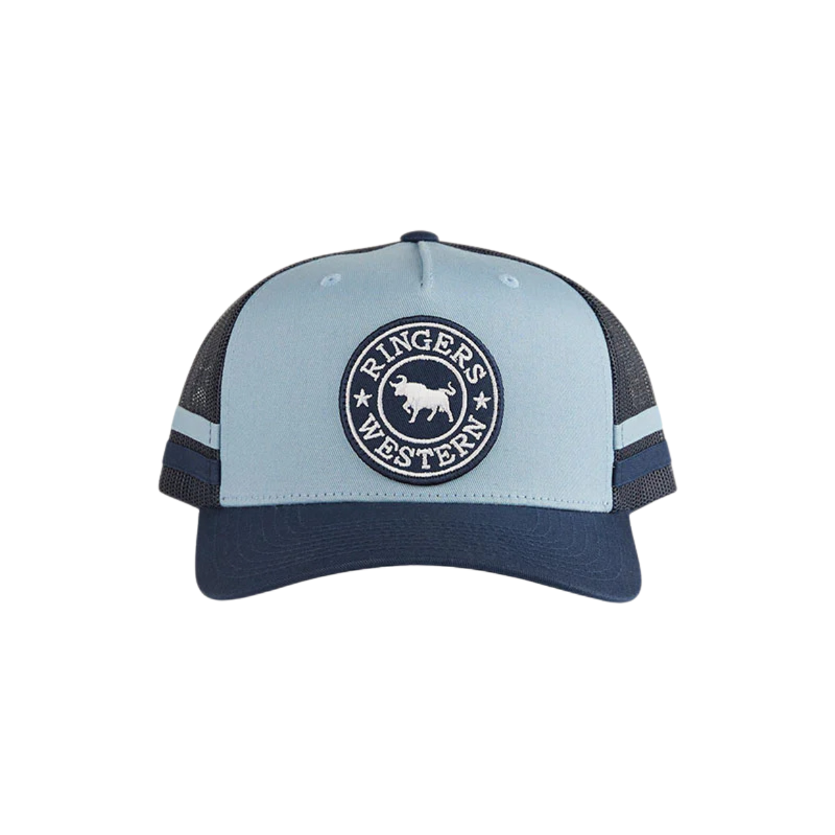 The Ringers Western Mccoy Trucker Cap (425058RW) in blue/navy features a mesh back, circular front logo with bull graphic, two side blue stripes, and snapback closure for classic style and breathable comfort.