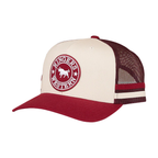The Ringers Western Mccoy Trucker Cap (425058RW) in maroon/off white features a mesh back, circular "Ringers Western" logo with bull silhouette on the front, and an adjustable snapback for a custom fit. Unisex design.